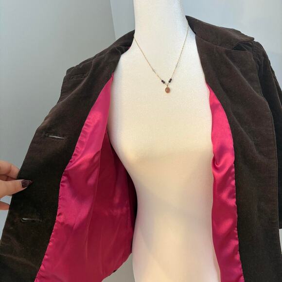 Brown Corduroy Cropped Blazer with Hot Pink Lining Y2K Blair Waldorf Vibes - Picture 2 of 4